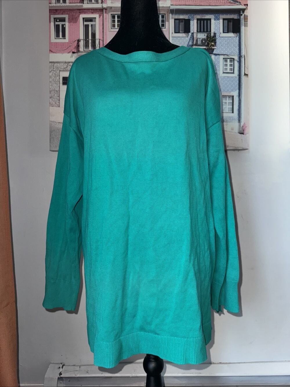 Talbots Bright Teal Cotton Ruffled Side Slits Pullover Top Sz XL Preppy Coastal
